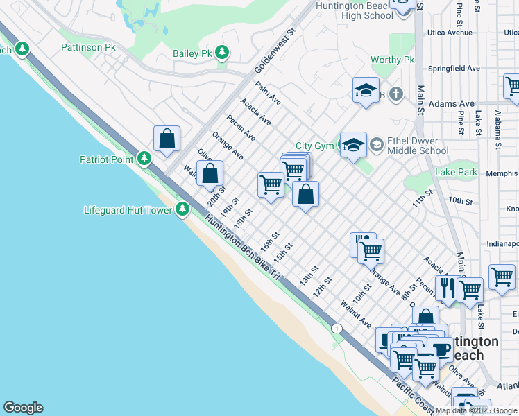 map of restaurants, bars, coffee shops, grocery stores, and more near 218 17th Street in Huntington Beach