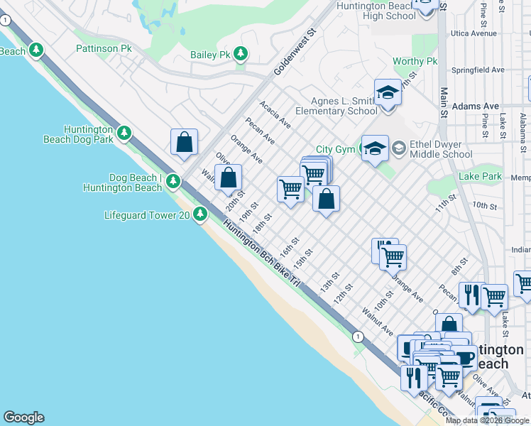map of restaurants, bars, coffee shops, grocery stores, and more near 120 18th Street in Huntington Beach