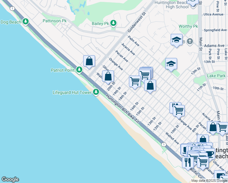 map of restaurants, bars, coffee shops, grocery stores, and more near 1900 Pacific Coast Highway in Huntington Beach