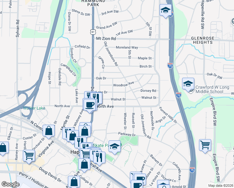 map of restaurants, bars, coffee shops, grocery stores, and more near 498 Walnut Street in Hapeville