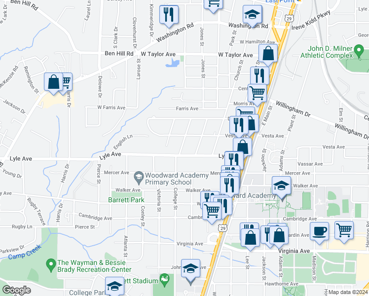 map of restaurants, bars, coffee shops, grocery stores, and more near 1867 Lyle Avenue in College Park