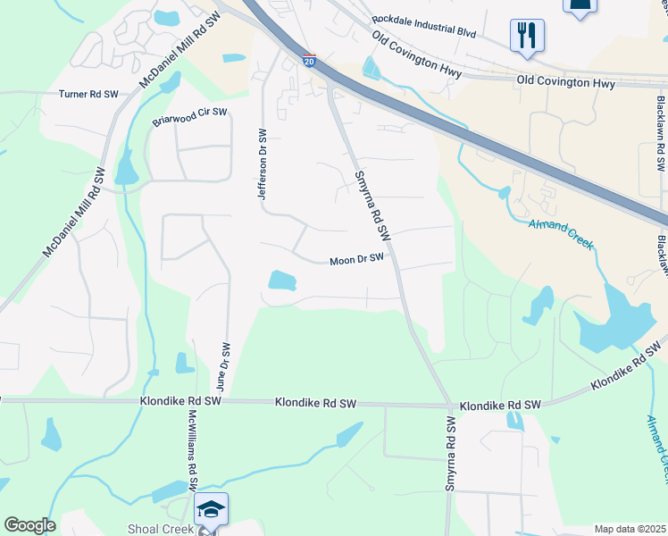 map of restaurants, bars, coffee shops, grocery stores, and more near 2066 Moon Drive Southwest in Conyers