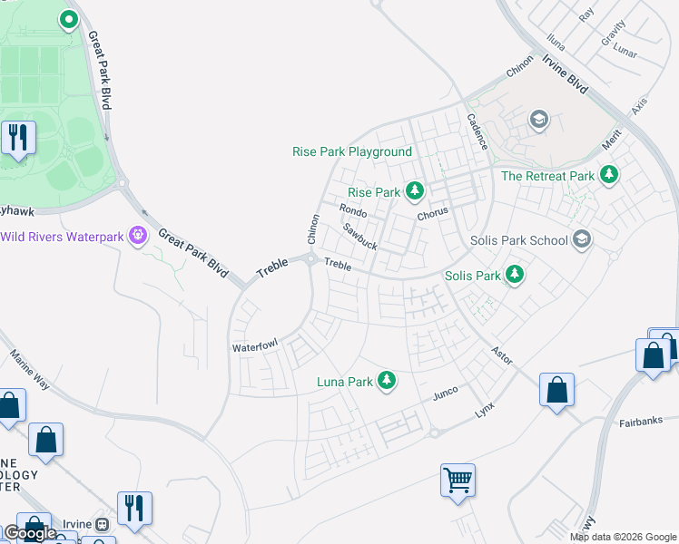 map of restaurants, bars, coffee shops, grocery stores, and more near 117 Proctor in Irvine