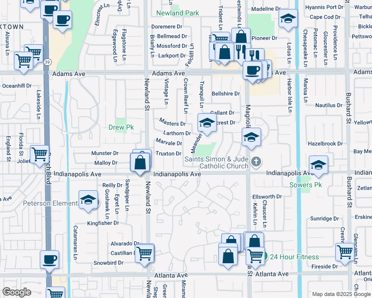 map of restaurants, bars, coffee shops, grocery stores, and more near 20402 Camfield Lane in Huntington Beach