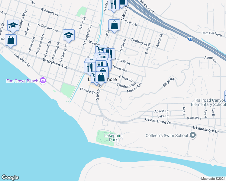 map of restaurants, bars, coffee shops, grocery stores, and more near 219 Prospect in Lake Elsinore