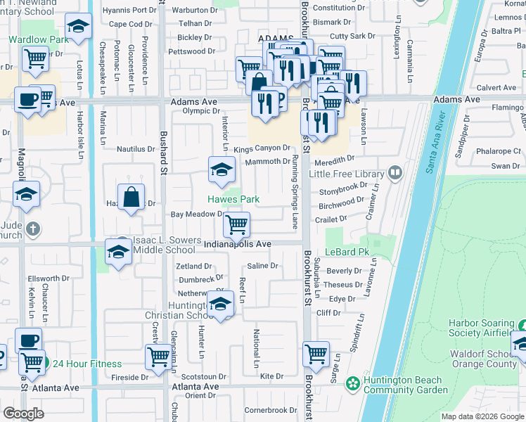 map of restaurants, bars, coffee shops, grocery stores, and more near 9852 Big Sur Drive in Huntington Beach