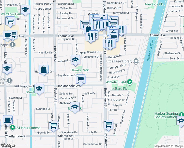 map of restaurants, bars, coffee shops, grocery stores, and more near 9902 Vicksburg Drive in Huntington Beach