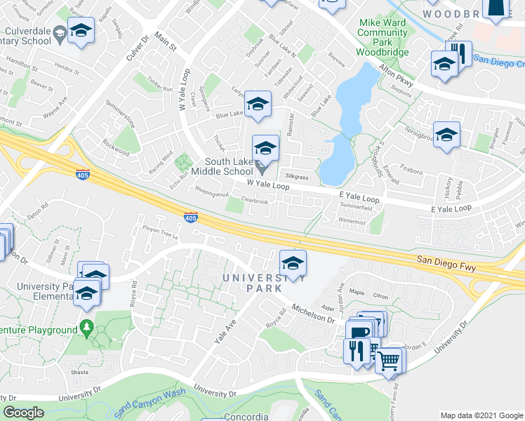 map of restaurants, bars, coffee shops, grocery stores, and more near 156 Clearbrook in Irvine