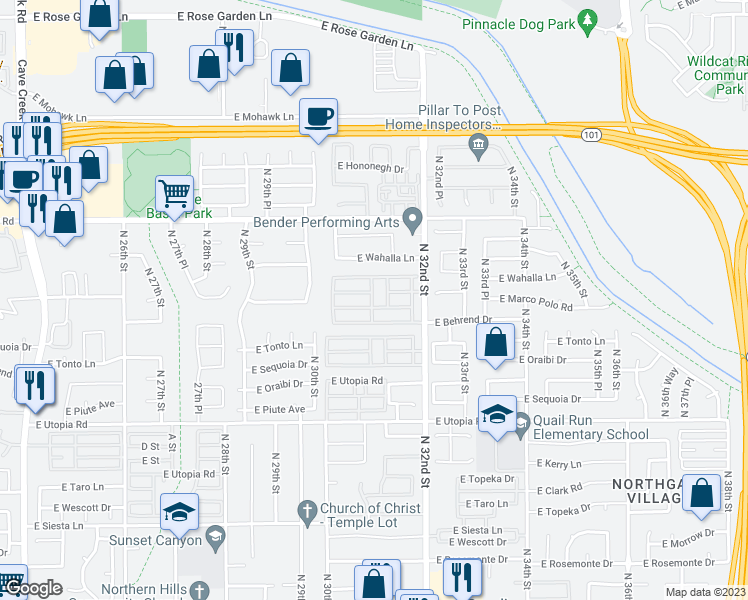 map of restaurants, bars, coffee shops, grocery stores, and more near 19802 North 32nd Street in Phoenix
