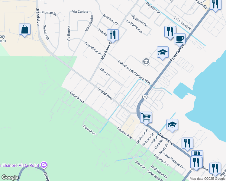 map of restaurants, bars, coffee shops, grocery stores, and more near 15120 Grand Avenue in Lake Elsinore