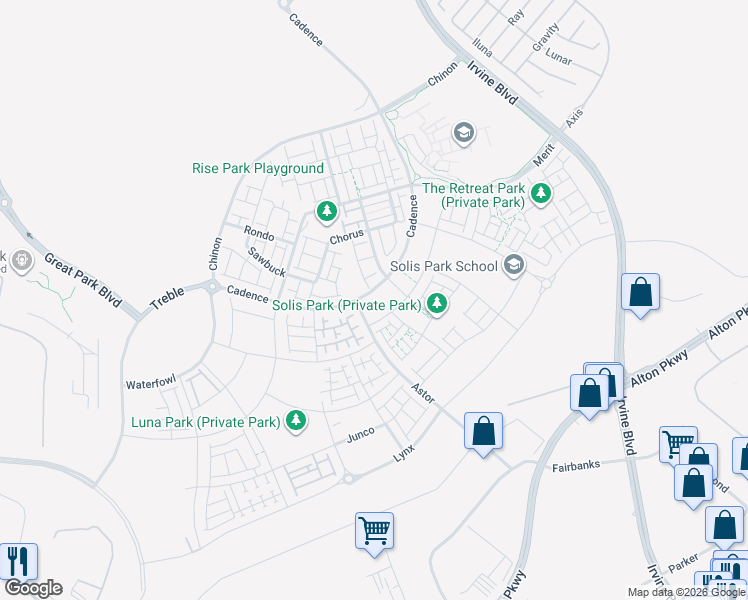 map of restaurants, bars, coffee shops, grocery stores, and more near 1139 Cadence in Irvine