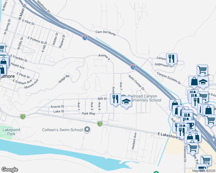 map of restaurants, bars, coffee shops, grocery stores, and more near Avenue 6 in Lake Elsinore