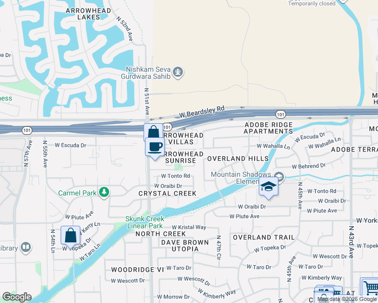 map of restaurants, bars, coffee shops, grocery stores, and more near 4911 West Escuda Drive in Glendale