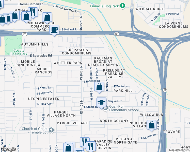 map of restaurants, bars, coffee shops, grocery stores, and more near 3324 East Wahalla Lane in Phoenix