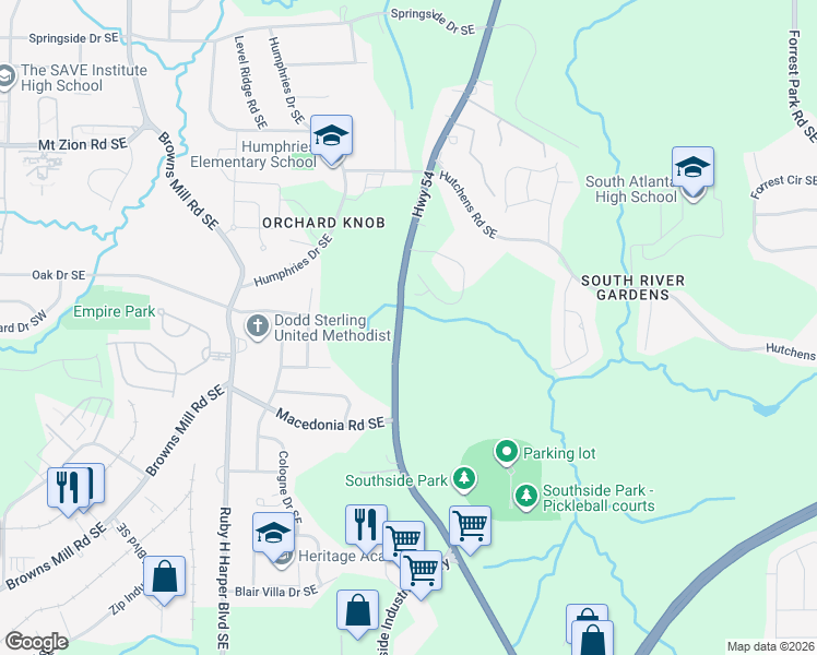 map of restaurants, bars, coffee shops, grocery stores, and more near 3216 Jonesboro Road Southeast in Atlanta