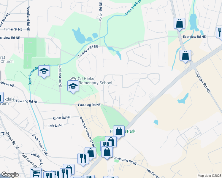 map of restaurants, bars, coffee shops, grocery stores, and more near 1469 Big Bear Cove Northeast in Conyers