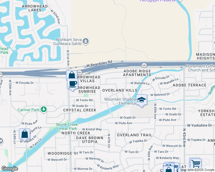 map of restaurants, bars, coffee shops, grocery stores, and more near 20014 North 47th Lane in Glendale