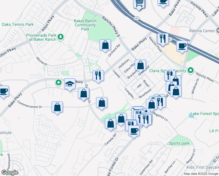 map of restaurants, bars, coffee shops, grocery stores, and more near 26237 Enterprise Way in Lake Forest