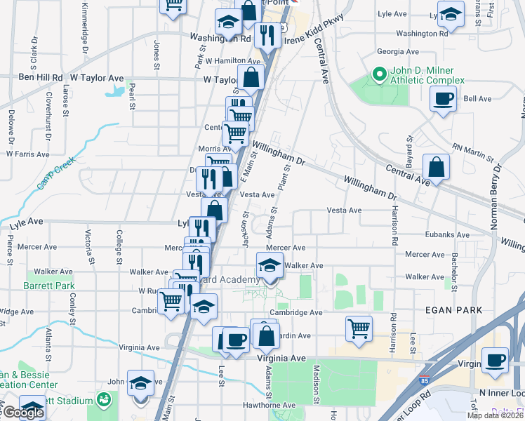 map of restaurants, bars, coffee shops, grocery stores, and more near 1638 Vesta Avenue in College Park