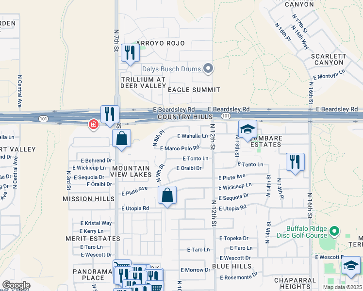 map of restaurants, bars, coffee shops, grocery stores, and more near 19821 North 9th Place in Phoenix
