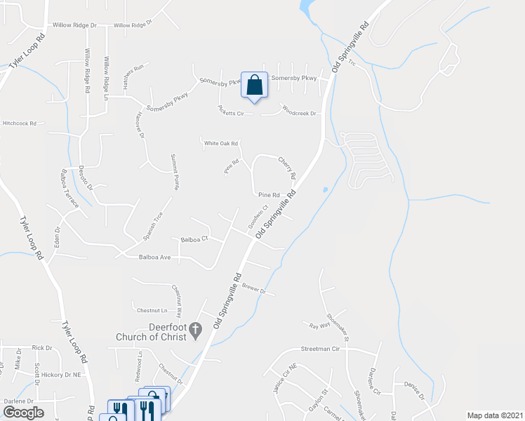 map of restaurants, bars, coffee shops, grocery stores, and more near 5608 Goodwin Court in Pinson