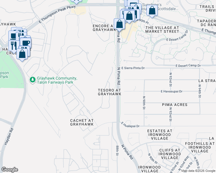 map of restaurants, bars, coffee shops, grocery stores, and more near North Grayhawk Drive in Scottsdale