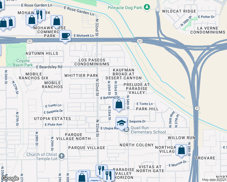 map of restaurants, bars, coffee shops, grocery stores, and more near 3324 East Wahalla Lane in Phoenix