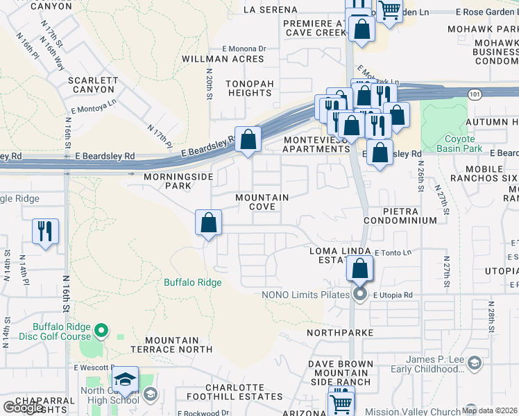 map of restaurants, bars, coffee shops, grocery stores, and more near 2116 East Wahalla Lane in Phoenix
