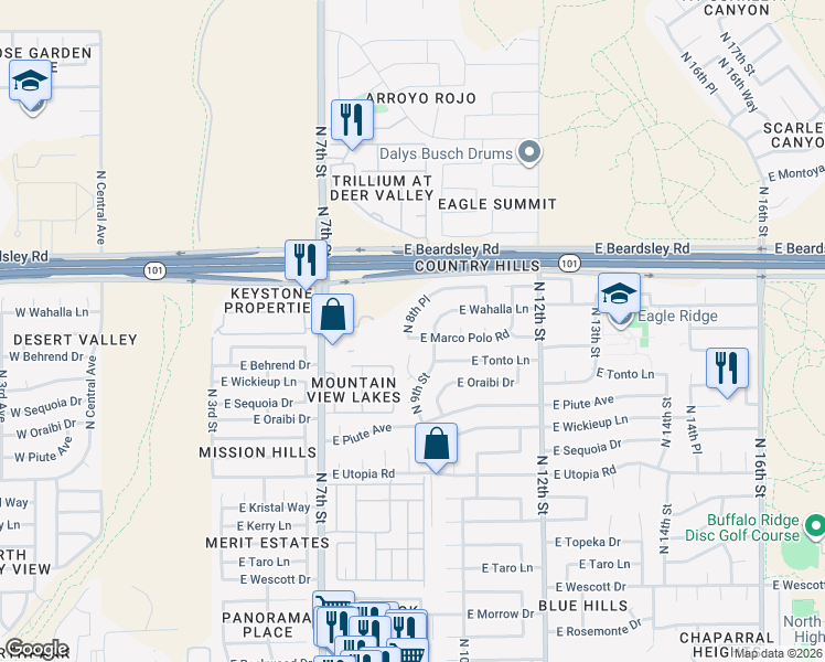 map of restaurants, bars, coffee shops, grocery stores, and more near 19850 North 8th Place in Phoenix