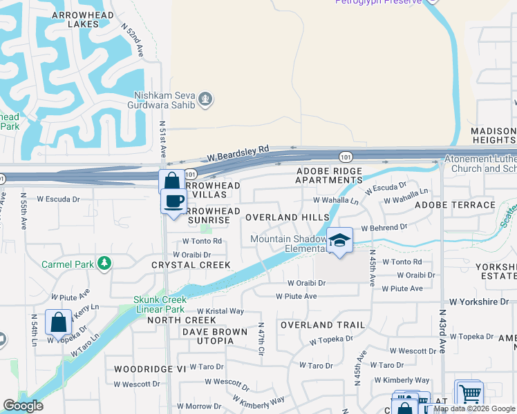 map of restaurants, bars, coffee shops, grocery stores, and more near 20014 North 47th Lane in Glendale