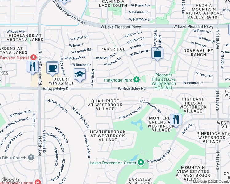 map of restaurants, bars, coffee shops, grocery stores, and more near 9765 West Pontiac Drive in Peoria