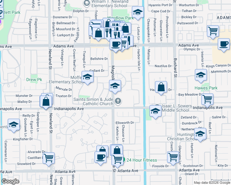 map of restaurants, bars, coffee shops, grocery stores, and more near 20330 Flora Lane in Huntington Beach