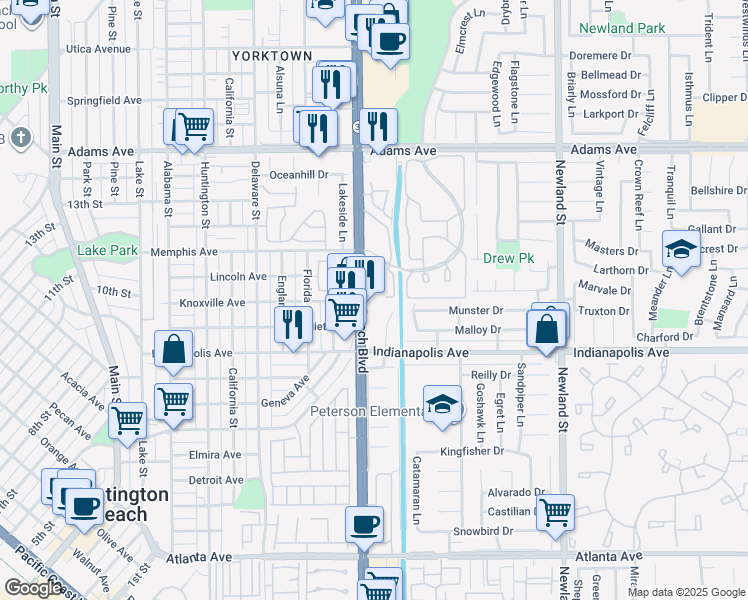 map of restaurants, bars, coffee shops, grocery stores, and more near 1142 Summerview Lane in Huntington Beach