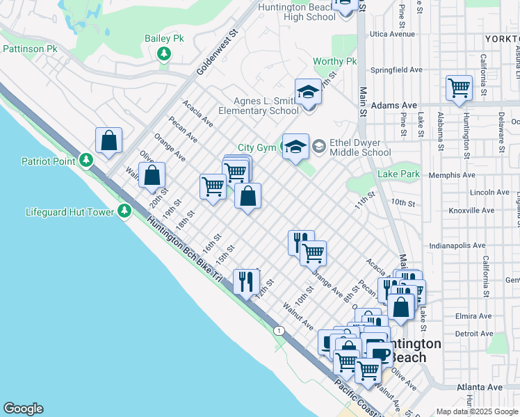 map of restaurants, bars, coffee shops, grocery stores, and more near 502 16th Street in Huntington Beach