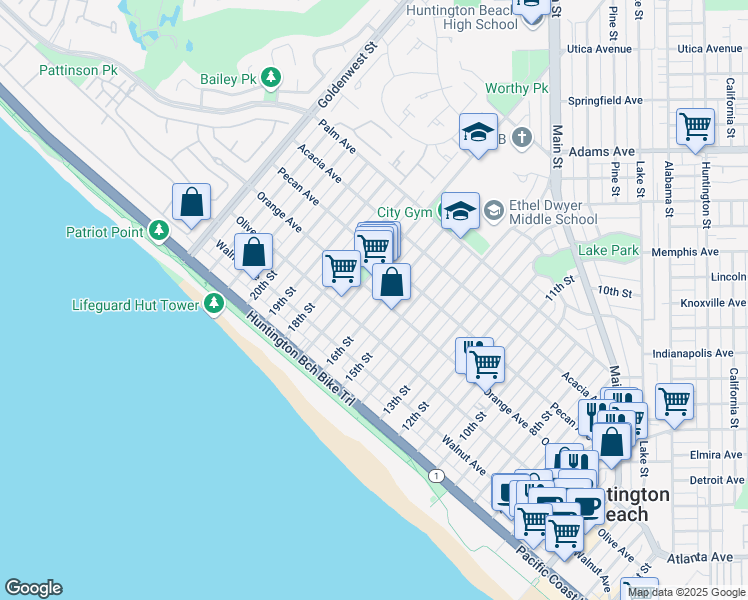 map of restaurants, bars, coffee shops, grocery stores, and more near 402 17th Street in Huntington Beach