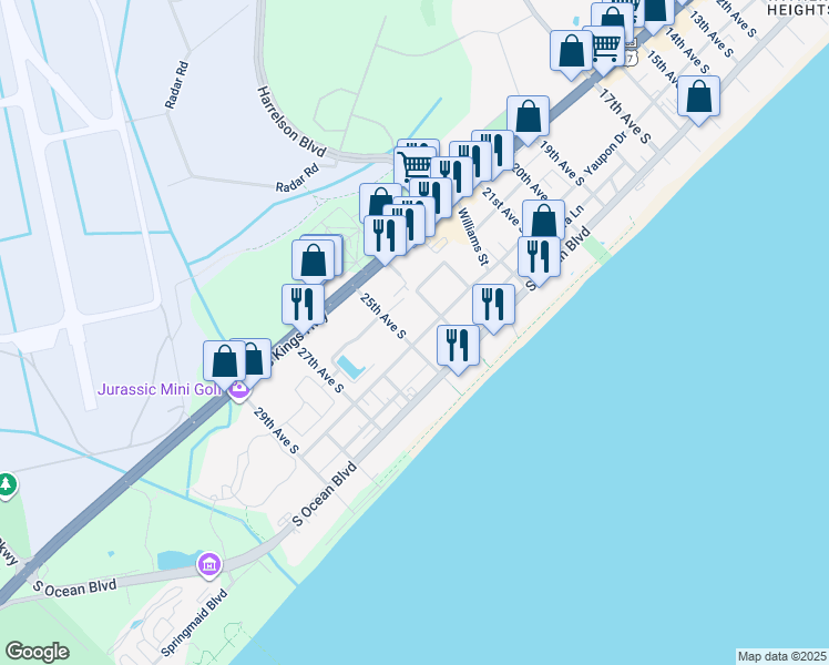 map of restaurants, bars, coffee shops, grocery stores, and more near 325 24th Avenue South in Myrtle Beach