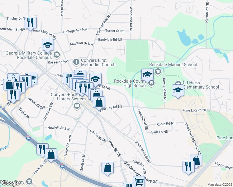 map of restaurants, bars, coffee shops, grocery stores, and more near 1064 South Pine Street Northeast in Conyers