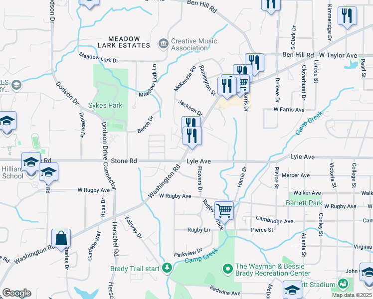 map of restaurants, bars, coffee shops, grocery stores, and more near 3237 Washington Road in East Point