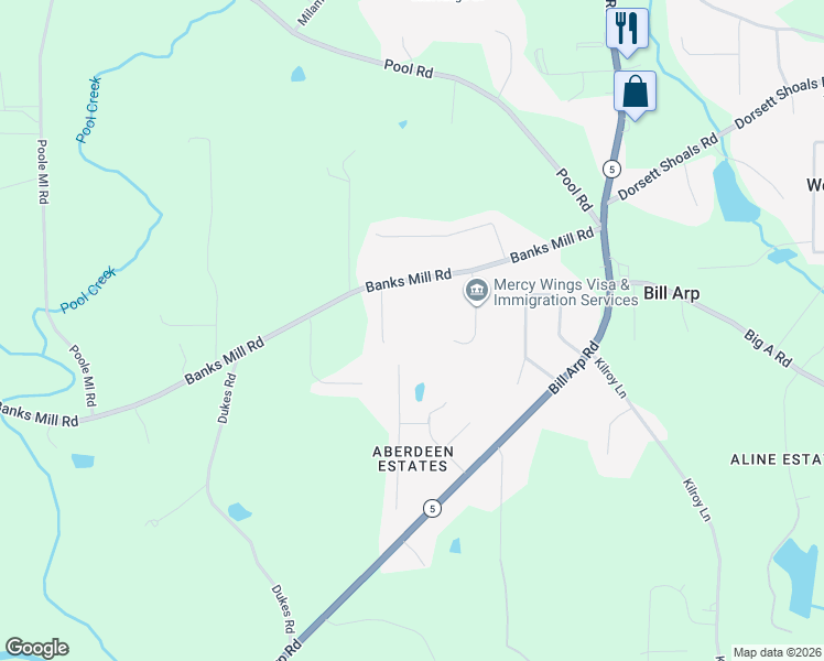 map of restaurants, bars, coffee shops, grocery stores, and more near 7257 Banks Mill Road in Douglasville
