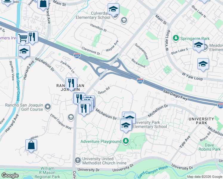 map of restaurants, bars, coffee shops, grocery stores, and more near 75 Seton Road in Irvine