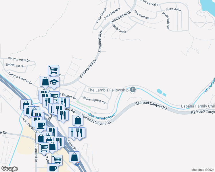 map of restaurants, bars, coffee shops, grocery stores, and more near 31778 Canyon Ridge Drive in Lake Elsinore