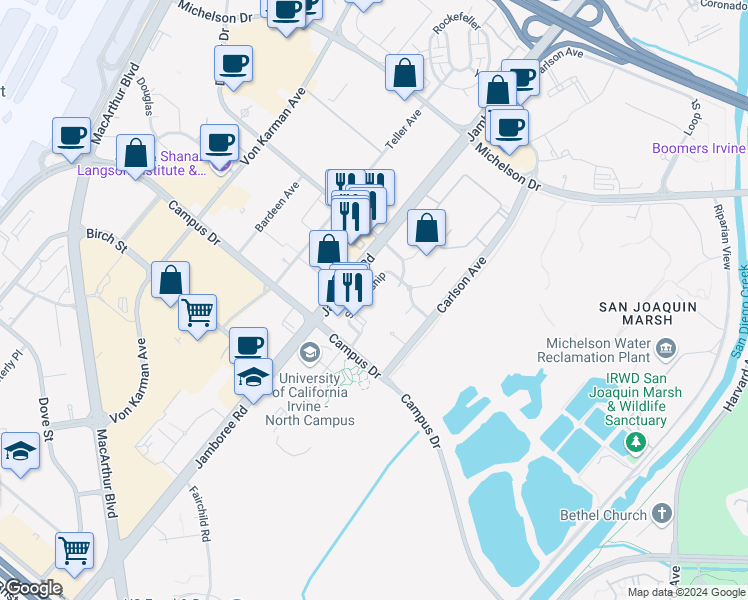 map of restaurants, bars, coffee shops, grocery stores, and more near 2324 Scholarship in Irvine
