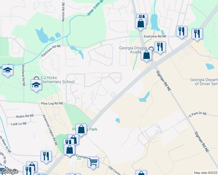 map of restaurants, bars, coffee shops, grocery stores, and more near 893 Briar Creek Court Northeast in Conyers