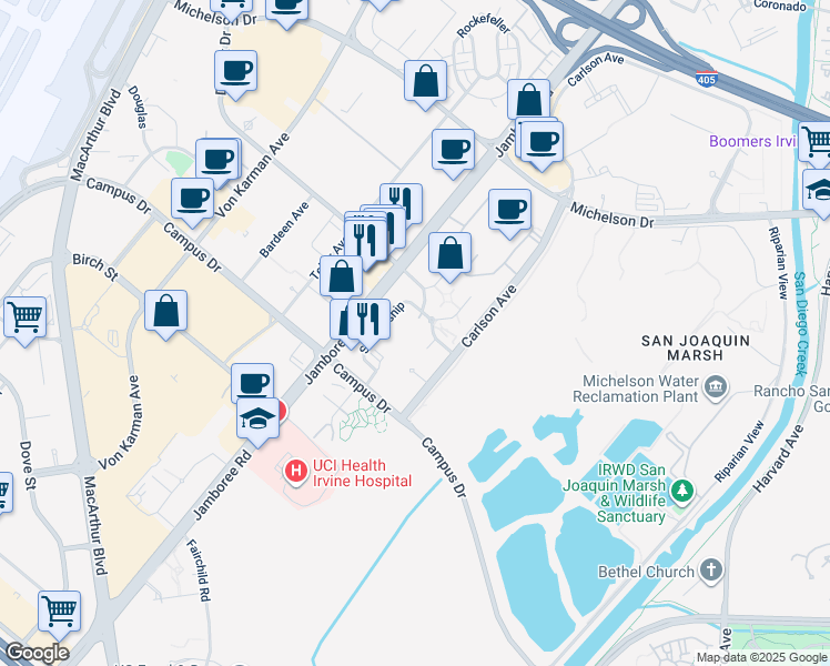 map of restaurants, bars, coffee shops, grocery stores, and more near 3319 Watermarke Place in Irvine