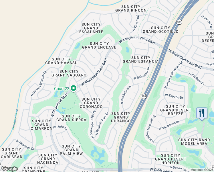 map of restaurants, bars, coffee shops, grocery stores, and more near 16818 West Desert Blossom Way in Surprise