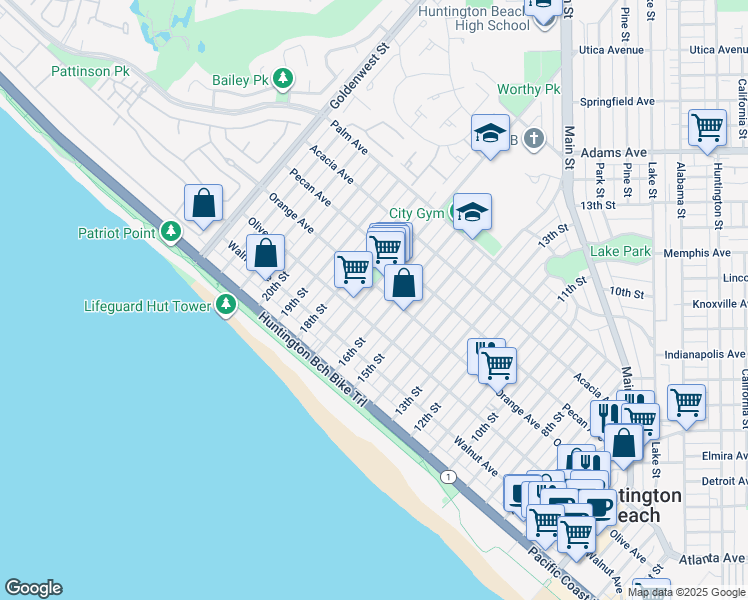 map of restaurants, bars, coffee shops, grocery stores, and more near 320 17th Street in Huntington Beach