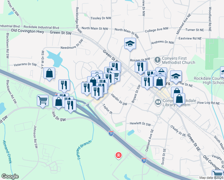 map of restaurants, bars, coffee shops, grocery stores, and more near 1129 West Avenue Southwest in Conyers