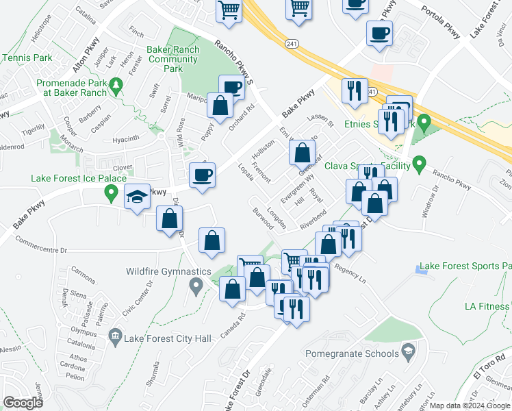 map of restaurants, bars, coffee shops, grocery stores, and more near 220 Burwood in Lake Forest