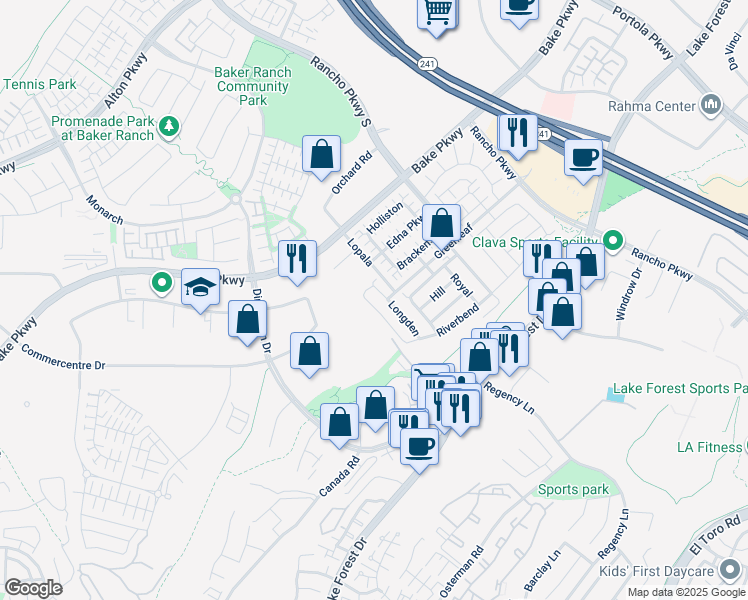 map of restaurants, bars, coffee shops, grocery stores, and more near 220 Burwood in Lake Forest