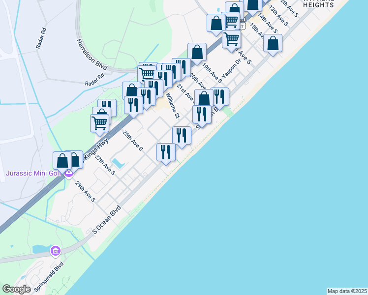 map of restaurants, bars, coffee shops, grocery stores, and more near 320 23rd Avenue South in Myrtle Beach